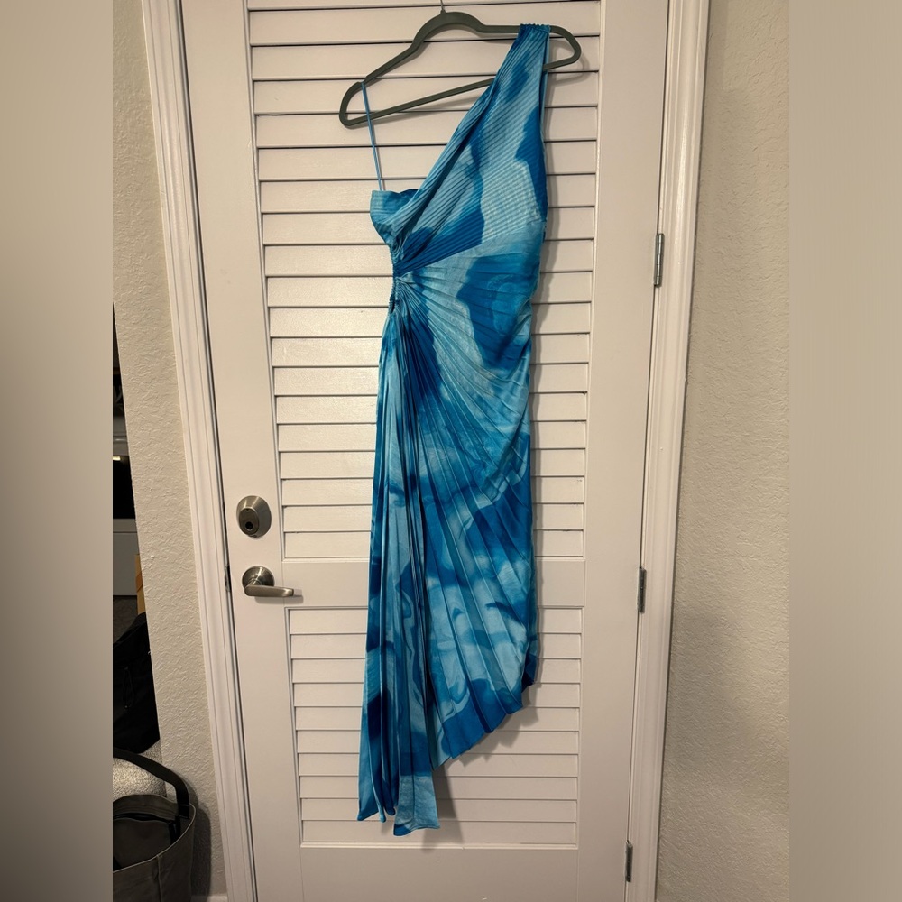 Satin Pleated One Shoulder Cutout Asymmetrical Maxi Dress